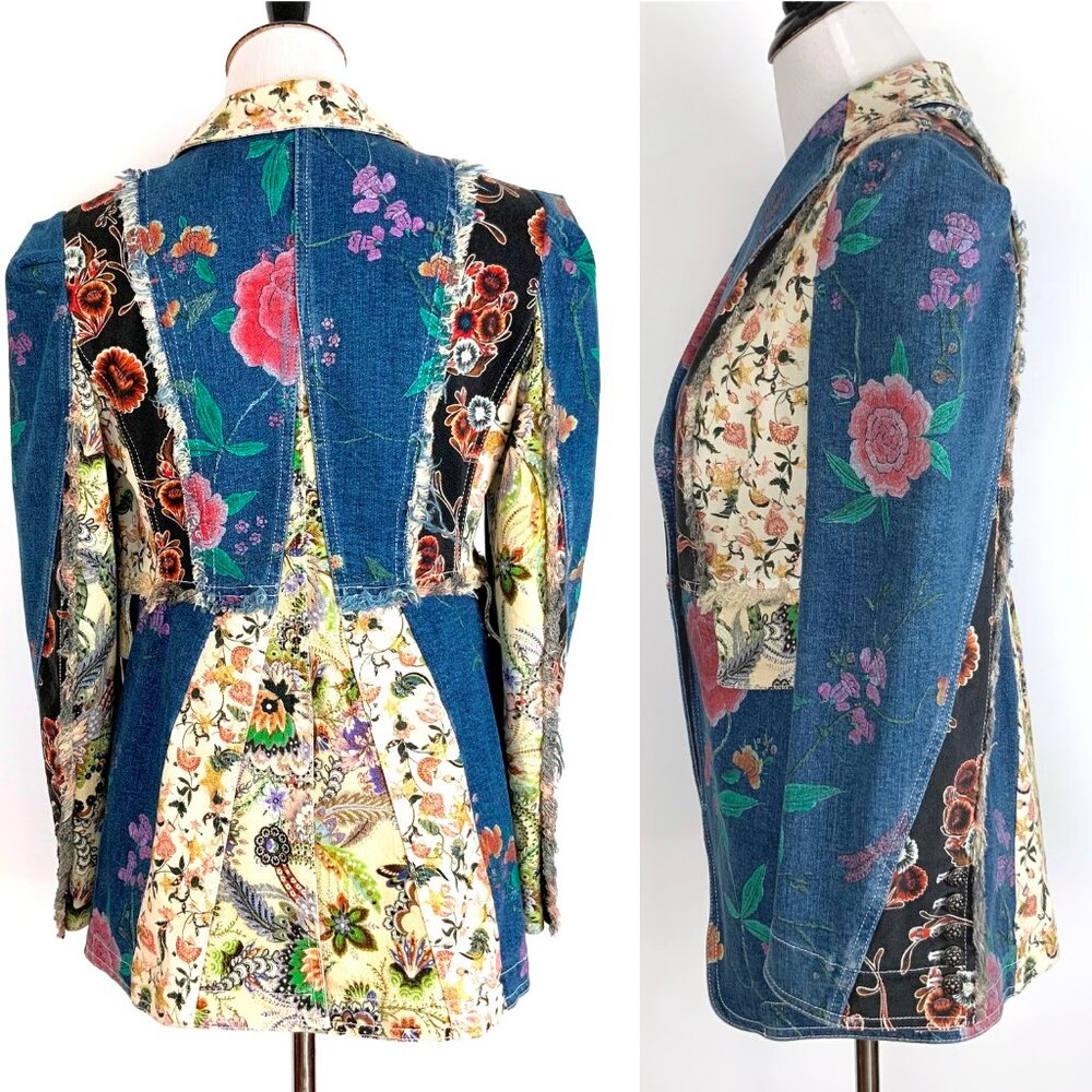 Roberto Cavalli Denim Patchwork Luxury Boho Glam Jacket Italy Sz 46(10-12) - Picture 12 of 16